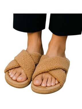 Deluxe Dearfoams Women's Tan Criss Cross Open Toe Memory Foam Slippers Size 7-8
